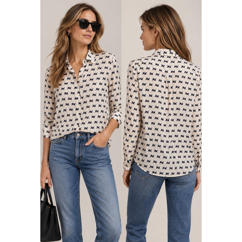 Theory Silk Shirt Womens Size M Ivory Navy Origami Bird Print Button Down Blouse